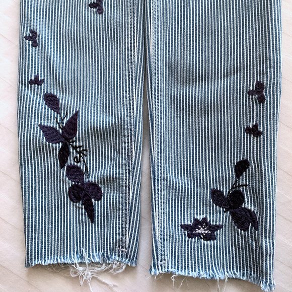 Old Navy Railroad Stripe Floral Embroidered Raw Hem Ankle Jeans - Picture 2 of 5